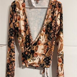 Elegant Paisley Wrap Blouse - Black and Cream